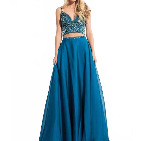 NEW RACHEL ALLAN two-piece chiffon prom dress in peacock blue - Picture 1 of 2